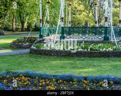 Partie du kiosque à musique victorien et literie de printemps dans un parc public au Royaume-Uni. Banque D'Images