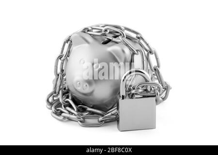 Banc de piggie argent sécurisé avec cadenas isolé sur blanc avec chemin de découpe Banque D'Images