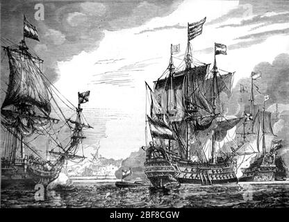 Bataille navale espagnole Armada contre la Marine royale britannique ou la flotte anglaise dans la Manche. L'Armada a corisqué 130 navires espagnols, qui font partie de la guerre anglo-espagnole (1585-1604) et de la guerre des années quatre-vingt. Vintage ou ancienne illustration ou gravure 1888 Banque D'Images