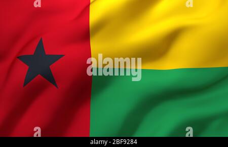 Drapeau de la Guinée-Bissau soufflant dans le vent. Drapeau volant Bissau-guinéen complet. Illustration tridimensionnelle. Banque D'Images