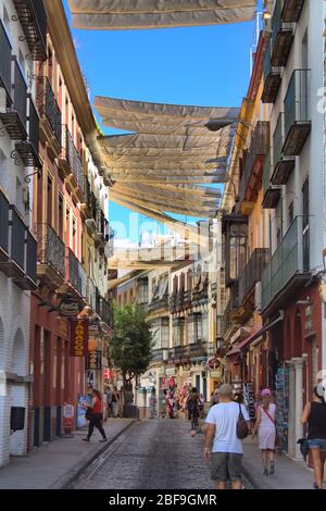 Sevilla, Espagne - 7 juillet 2019: Paysage urbain de Séville avec les gens marchant dans le centre-ville. Séville est l'une des destinations de maor en Espagne Banque D'Images