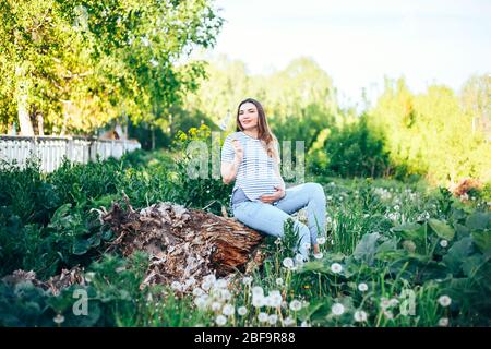 femme enceinte marchant dans le parc le jour d'été, soufflant dandelion Banque D'Images