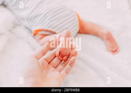 Pieds de bébé dans les mains de la mère. Les pieds de bébé nouveau-né se rapprochez les mains en forme de coeur. Maman et son enfant. Concept de famille heureuse. Beau pho conceptuel Banque D'Images