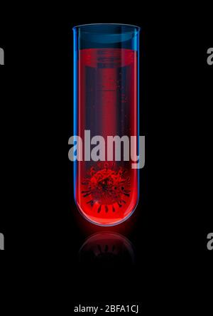 Concept de test de laboratoire Covid-19 / illustration tridimensionnelle de la cellule de coronavirus à l'intérieur du tube à essai de chimie du verre Banque D'Images