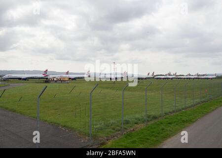 Glasgow, Royaume-Uni. 17 avril 2020. Photo : une collection de quatorze jets British Airways (Airbus de courte à moyenne portée) allant de l'A319, l'A320 et l'A321 se tiennent sur le tarmac de l'aéroport international de Glasgow. L'industrie aéronautique mondiale connaît un ralentissement sans précédent des affaires, la plupart des compagnies aériennes ayant affecté un nombre élevé de personnel en raison de pressions financières considérables causées par la pandémie de Coronavirus (COVID-19) en cours. Crédit : Colin Fisher/Alay Live News Banque D'Images