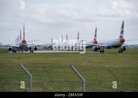 Glasgow, Royaume-Uni. 17 avril 2020. Photo : une collection de quatorze jets British Airways (Airbus de courte à moyenne portée) allant de l'A319, l'A320 et l'A321 se tiennent sur le tarmac de l'aéroport international de Glasgow. L'industrie aéronautique mondiale connaît un ralentissement sans précédent des affaires, la plupart des compagnies aériennes ayant affecté un nombre élevé de personnel en raison de pressions financières considérables causées par la pandémie de Coronavirus (COVID-19) en cours. Crédit : Colin Fisher/Alay Live News Banque D'Images