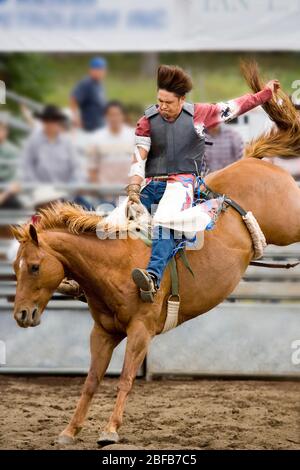 Modèle libéré cow-boy hawaïen, ou paniolo, équitation un bronco buckking (propriété libérée) au rodéo à Hawaï Banque D'Images