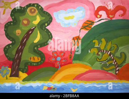 Paysage rose coloré fantaisie avec un lac, illustration de gouache Banque D'Images