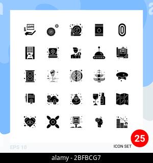 Pack de 25 glyphes pleins créatifs de bâtiments, ECO, Make, flamanble, Oil Editable Vector Design Elements Illustration de Vecteur