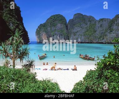 Bateaux de pêche à queue longue, baie de Mahya, Ko Phi Phi le, îles de Phi Phi, province de Krabi, Thaïlande Banque D'Images