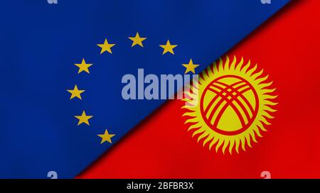 Deux États drapeaux de l'Union européenne et du Kirghizstan. Expérience professionnelle de haute qualité. illustration tridimensionnelle Banque D'Images