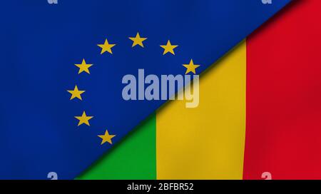 Deux drapeaux de l'Union européenne et du Mali. Expérience professionnelle de haute qualité. illustration tridimensionnelle Banque D'Images