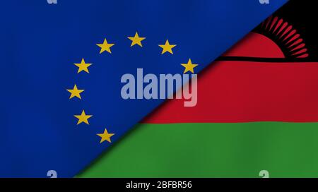 Deux drapeaux de l'Union européenne et du Malawi. Expérience professionnelle de haute qualité. illustration tridimensionnelle Banque D'Images