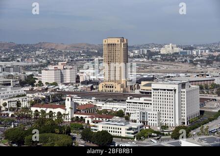 LOS ANGELES, CA/USA - 9 JANVIER 2019: Vue aérienne de la gare historique de Los Angeles Union Station Banque D'Images