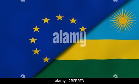 Deux drapeaux de l'Union européenne et du Rwanda. Expérience professionnelle de haute qualité. illustration tridimensionnelle Banque D'Images