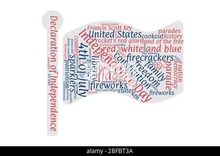 4 juillet, Etats-Unis d'Amérique, Independence Day, tag cloud, collage de texte sous forme de drapeau rouge, blanc et bleu, fond blanc Banque D'Images