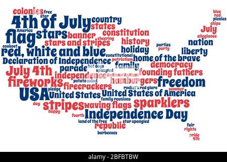 Collage de mots avec texte sur Independence Day sous la forme des Etats-Unis, rouge, blanc et bleu, comme fond d'écran Banque D'Images