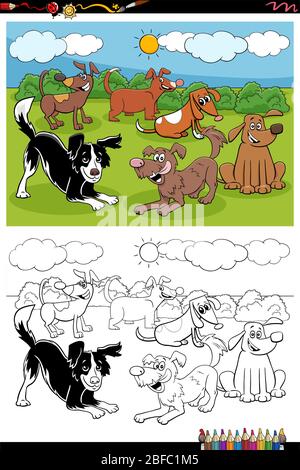 Dessin animé Illustration de mignon chiens espiègle animaux de compagnie personnages animaux Groupe Coloring Page de livre Illustration de Vecteur