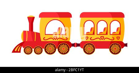 Drôle de locomotive multicolore, parc d'attractions de train pour enfants plat. Train de jouets de dessin animé. Festivals plein air été enfants temps de divertissement. Illustration vectorielle isolée Illustration de Vecteur