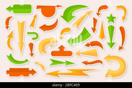 Jeu d'autocollants colorés et colorés. Collection infographie simple. Curseur comique multicolore, signe des icônes de flèche avec ombre. Différentes flèches d'autocollants symbolisent les flèches haut, gauche, droite, bas. Illustration vectorielle Illustration de Vecteur