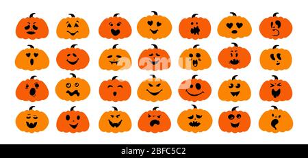 Drôle de citrouille avec un ensemble de dessins animés à plat. Collection Halloween de monstres mignons et fantomatiques, citrouilles effrayantes. Joyeux personnage de bande dessinée, cracheur ou drôle. Beaucoup de fantômes Halloween concept. Illustration vectorielle Illustration de Vecteur