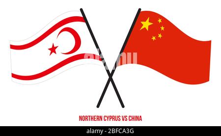 Chypre du Nord et la Chine les drapeaux ont traversé et agitant le style plat. Proportion officielle. Couleurs correctes. Banque D'Images