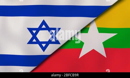 Deux drapeaux d'Israël et du Myanmar. Expérience professionnelle de haute qualité. illustration tridimensionnelle Banque D'Images