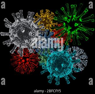 Groupe coloré de différents virus sur un fond noir. Banque D'Images