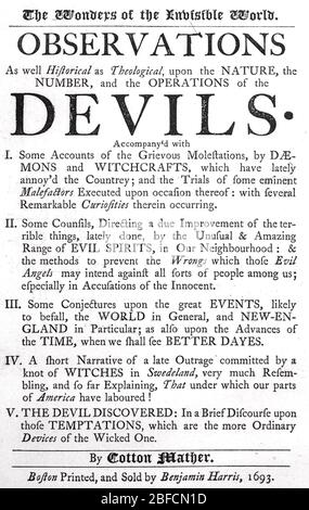 COTTON MATHER (1663-1728) Ministre puritan de la Nouvelle-Angleterre, médecin, auteur de pamleteer. Page de titre de son livre de 1693 The Wonders of the invisible World défendant son rôle dans les procès de Salem Witch. Banque D'Images