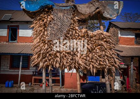 Maison traditionnelle dans le village de montagne de Pokhara montrant la vie, la culture locale et la tradition du Népal Banque D'Images