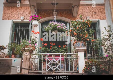 Bâtiment rustique balcon décoré avec des plantes de maison créant un espace de vie calme et relaxant dans le vieux quartier historique ou le quartier français à Hanoi Banque D'Images