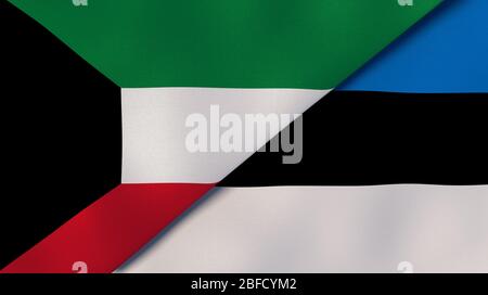 Deux drapeaux des Etats du Koweït et de l'Estonie. Expérience professionnelle de haute qualité. illustration tridimensionnelle Banque D'Images