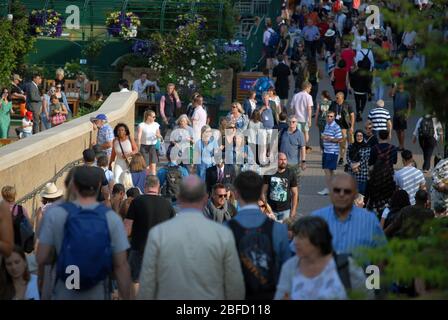 Les visiteurs se promenent dans les terrains occupés pendant les championnats de tennis de Wimbledon 2019, Wimbledon, Londres, GB. Banque D'Images