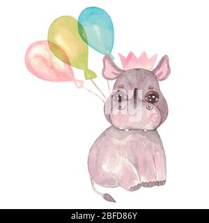 Illustration aquarelle d'un joli rhinocéros de bébé. Caractère festif dans une couronne, un noeud, un ballon. Safari animal pour cartes d'invitation, douche de bébé, nurser Banque D'Images