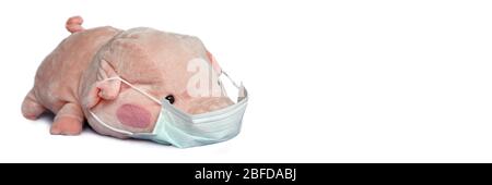 Cochon jouet farci avec masque médical isolé sur fond blanc panoramique, épidémie de coronavirus Covid-19 et concept pour enfants Banque D'Images