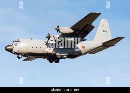 Un avion de transport militaire à quatre moteurs Lockheed C-130 Hercules à turbopropulseurs de l'armée de l'air belge. Banque D'Images