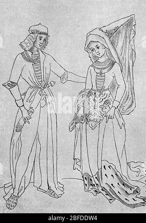 Maximilian et sa mariée Marie de Bourgogne, Maximilian I, Archiduc Maximilian d'Autriche, 22 mars 1459 - 12 janvier 1519, de la dynastie des Habsbourg était le duc de Bourgogne par mariage de 1477, roi germano-romain de 1486, Seigneur des terres heredoniques des Habsbourg de 1493 et empereur germano-romain du 4 février 1508 au 12 janvier 1519 / Maximilian und seine Braut Maria von Burgund, Maximilian I., Erzherzog Maximilian von Österreich, 22. März 1459 - 12. Januar 1519, aus dem Geschlecht der Habsburger war durch Heirat ab 1477 Herzog von Burgund, ab 1486 römisch-deutscher König, ab 1493 Herr der Habs Banque D'Images