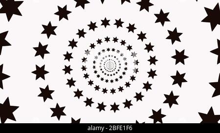 Cercle d'étoiles noires sur fond blanc. Papier peint à motif étoiles psychédélique. Animation de l'effet optique de la spirale en étoile. Banque D'Images