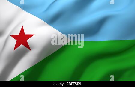 Drapeau de Djibouti soufflant dans le vent. Drapeau volant djiboutien pleine page. Illustration tridimensionnelle. Banque D'Images