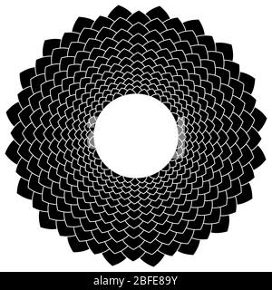 Symbole abstrait de fleur noire et blanche. Formes pétale formant une fleur comme signe avec un cercle blanc au centre. Illustration isolée. Banque D'Images
