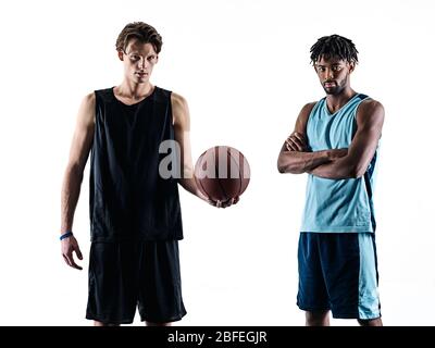 Deux joueurs de basket-ball hommes isolés dans l'ombre silhouette sur fond blanc Banque D'Images