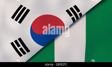 Deux drapeaux d'Etats de la Corée du Sud et du Nigeria. Expérience professionnelle de haute qualité. illustration tridimensionnelle Banque D'Images