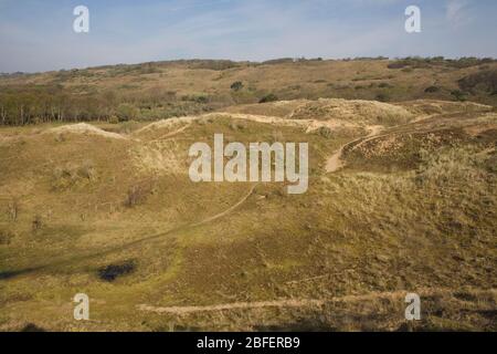 Dunes couvertes d'herbe avec sentiers de sable dans la réserve naturelle de Merthyr Mawr au printemps Banque D'Images