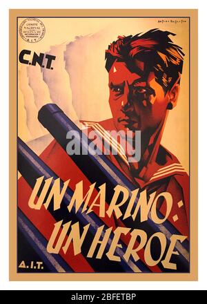 Affiche de propagande du CNT vintage pour la guerre civile espagnole « UN marin un héros » (affiche de guerre civile C.N.T 1936) la guerre civile espagnole (espagnole: Guerra civil Española) fut une guerre civile en Espagne combattue de 1936 à 1939. Les Républicains fidèles à la deuxième République espagnole, en partenariat avec les anarchistes, de la variété communiste et syndiquiste, se sont battus contre une révolte des nationalistes, une alliance de Falangistes, de monarchistes, de conservateurs et de catholiques, dirigée par un groupe militaire parmi lequel le général Francisco Franco a rapidement joué un rôle prépondérant. .Confederación Nacional del Trabajo CNT Banque D'Images