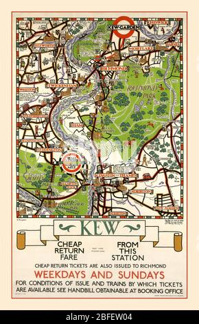 Affiche du XIXe siècle 1900 The 'Kew' Gardens Area London Rail réseau souterrain détails des billets illustration de la carte, produite par Herry Perry des lithographes Vincent Brooks en 1929 Banque D'Images