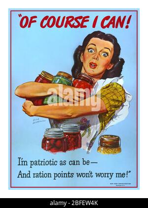 Vintage American WW2 rationnement alimentaire propagande affiche 'de cours je peux! Je suis patriotique comme peut l'être - et les points de ration ne me inquiétez pas!» Administration alimentaire de guerre. Stock autosuffisant Posters de la guerre de production alimentaire de pile - affiche de la seconde Guerre mondiale 1944 Banque D'Images