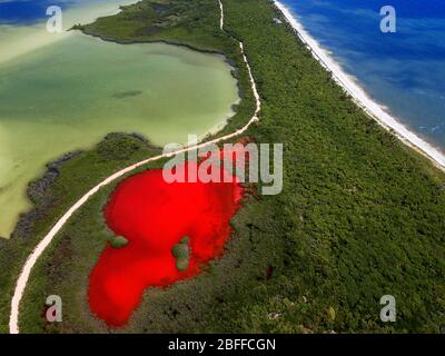 Vue aérienne de la réserve Punta Allen Sian Ka'an, péninsule du Yucatan, Mexique. Lagon rouge près du pont Boca Paila. Dans la langue des peuples mayas qui Banque D'Images