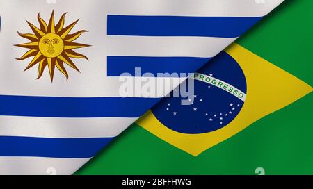 Deux drapeaux d'Uruguay et du Brésil. Expérience professionnelle de haute qualité. illustration tridimensionnelle Banque D'Images