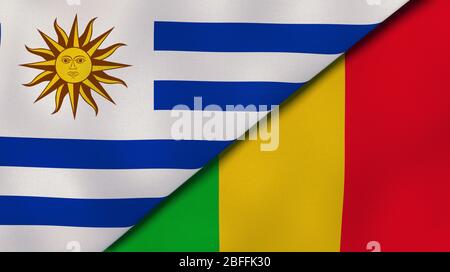 Deux drapeaux d'Uruguay et du Mali. Expérience professionnelle de haute qualité. illustration tridimensionnelle Banque D'Images