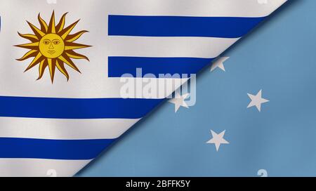 Deux drapeaux d'Uruguay et de Micronésie. Expérience professionnelle de haute qualité. illustration tridimensionnelle Banque D'Images